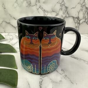 Laurel Burch Rainbow Cats Coffee Mug Black Metallic Vintage 90s Japan Cup